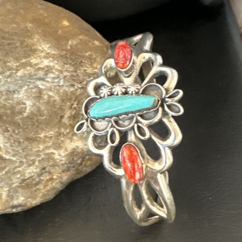 Navajo Kingman Turquoise Spiny Cuff Bracelet | Sterling Silver Tufa Cast | Authentic Native American Handmade | 16775
