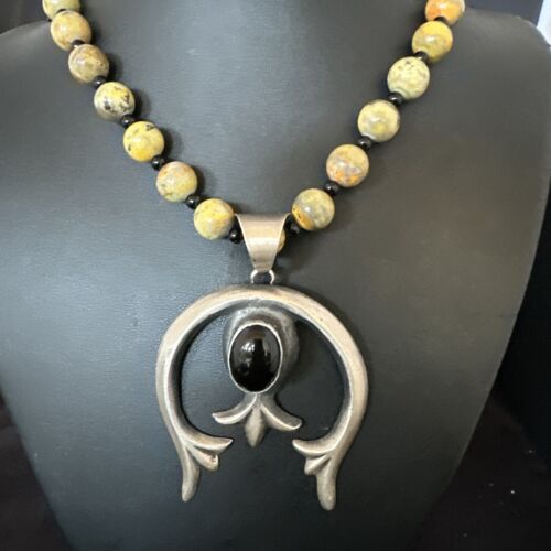 Men's Black Onyx Naja Pendant | Navajo Bumblebee Sterling Silver Necklace | Authentic Native American Handmade | 16092