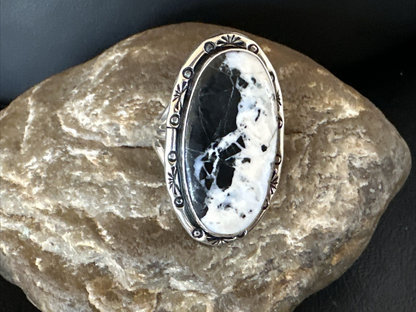 White Buffalo Turquoise Navajo Ring | Sterling Silver | Sz 11 | Authentic Native American Handmade | 16389
