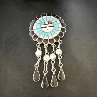 Sunface Zuni Inlay Turquoise Mother of Pearl Pin Pendant | Sterling Silver | Authentic Native American Handmade | 15177