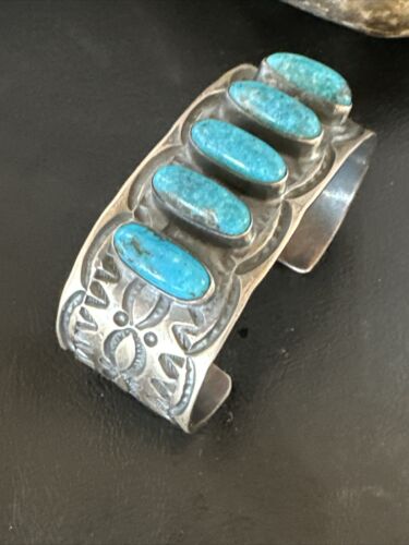 XL Men's Kingman Turquoise 5 Stone Cuff Bracelet | Navajo Sterling Silver | Authentic Native American Handmade | 15858