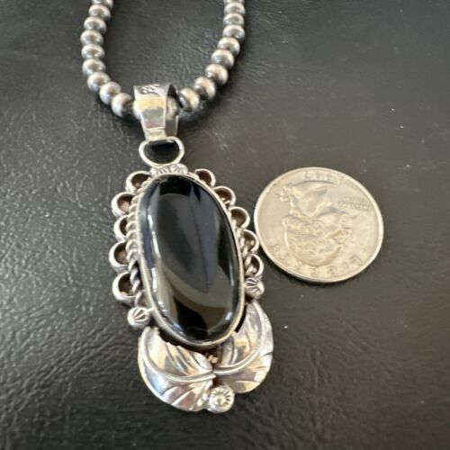 Men's Navajo Pearls Black Onyx Necklace Pendant | Sterling Silver | Authentic Native American Handmade | 16534 - Masha USA