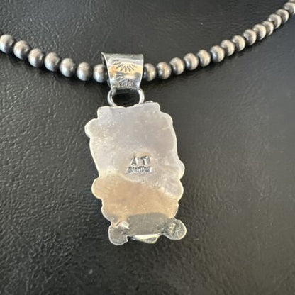 Navajo Blue Turquoise Pendant Necklace | Sterling Silver Pearls | Authentic Native American Handmade | 15657