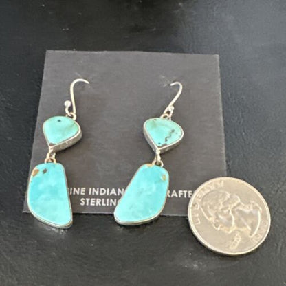 Navajo Blue Kingman Turquoise Dangle Earrings | Sterling Silver | Authentic Native American Handmade | 15118