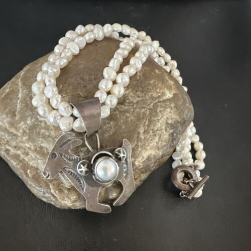 Navajo Old Pawn White Freshwater Pearl Sterling Silver Pendant Necklace | 14" Multi-Strand | 17369