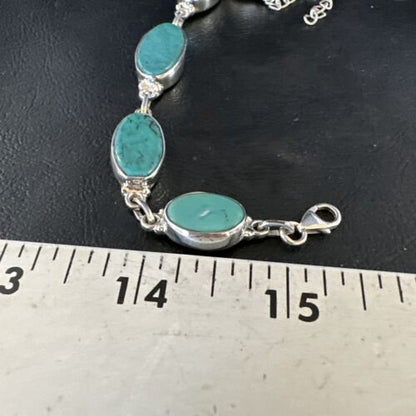 Navajo Blue Turquoise Link Bracelet | Sterling Silver | 8" | Authentic Native American Handmade | 15469