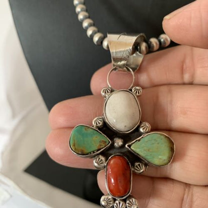 Navajo Turquoise & Coral Naja Pendant Necklace | Sterling Silver | Native American Handmade | 1477