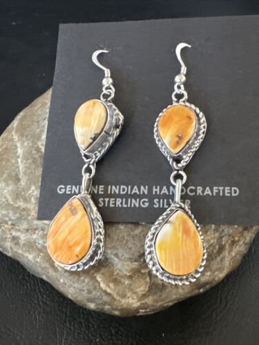 Navajo Orange Spiny Oyster Dangle Earrings | Sterling Silver | 1.5" | Authentic Native American Handmade | 16575