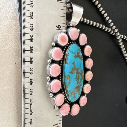 XXL Pink Conch Naja Pendant | Blue Turquoise | Navajo Sterling Silver Necklace 21" | Multi-Stone | 17426