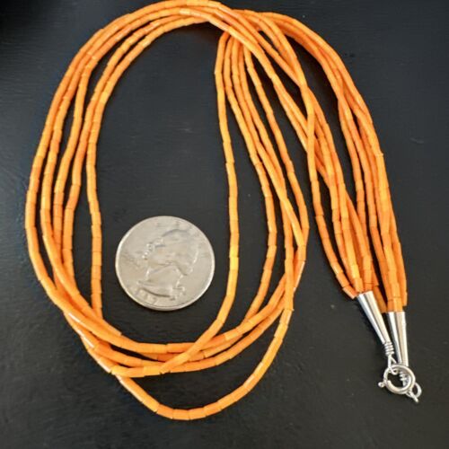 Navajo Orange Coral Tube Heishi Bead Necklace | 5 Strand | Sterling Silver | 20" | 16066