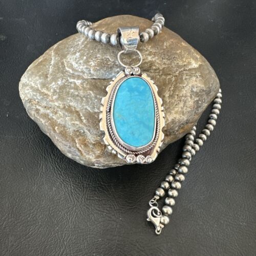 Navajo Pearls Kingman Turquoise Pendant Necklace | Sterling Silver | Authentic Native American Handmade | 17133