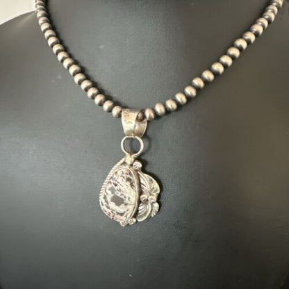 White Buffalo Turquoise Pendant | Navajo Pearls Sterling Silver Necklace 21" | Handmade Jewelry 17329