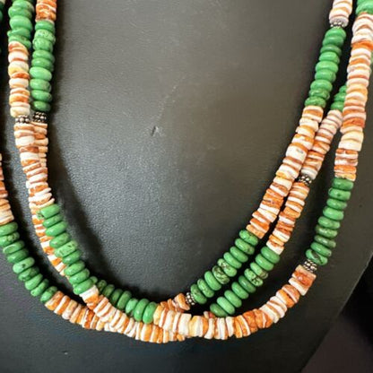 Navajo Green Turquoise Spiny Oyster Necklace | Sterling Silver | Authentic Native American Handmade | 17534