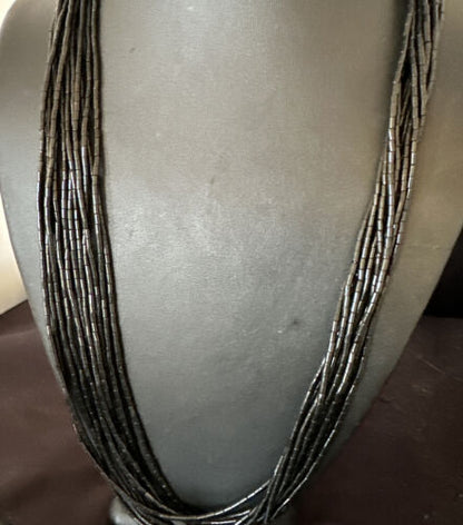 Black Onyx Heishi Tube Necklace | 10 Strand | 24" | Sterling Silver | 16067