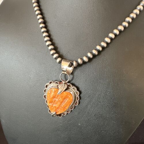 Navajo Orange Spiny Oyster Heart Pendant Necklace | Sterling Silver | Authentic Native American Handmade | 16294 - Masha USA