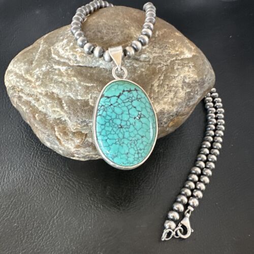 Navajo Blue Spiderweb Turquoise Pendant Necklace | Sterling Silver | Authentic Native American Handmade | 16292