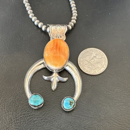 Navajo Blue Turquoise Orange Spiny Oyster Naja Pendant | Sterling Silver | Native American Handmade | 16410