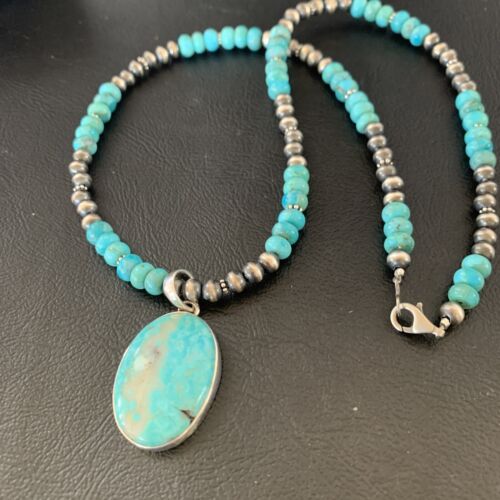 Navajo Pearls Necklace with Blue Kingman Turquoise Pendant | Sterling Silver | 11863