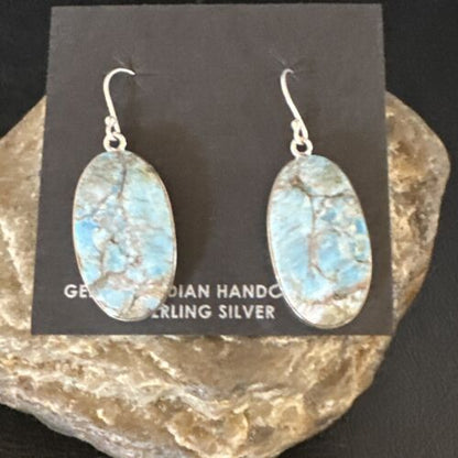 Navajo Blue Turquoise Dangle Earrings | Sterling Silver | Authentic Native American Handmade | 15430