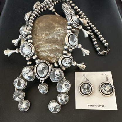Navajo White Buffalo Turquoise Squash Blossom Necklace & Earrings | Sterling Silver | 16547