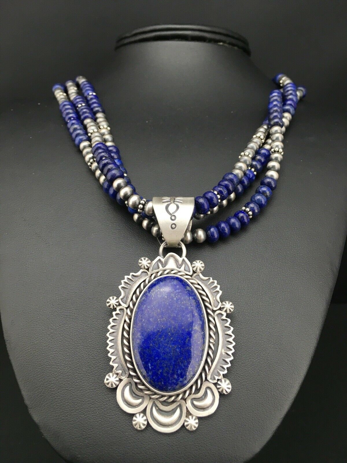 Navajo Lapis Lazuli Multi-Strand Necklace Pendant | Sterling Silver | Authentic Native American Handmade | 1273
