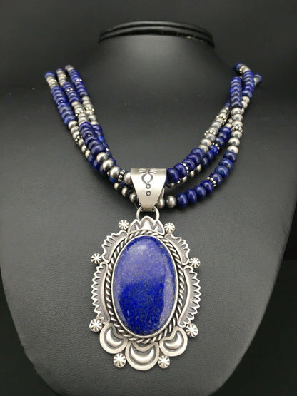 Navajo Lapis Lazuli Multi-Strand Necklace Pendant | Sterling Silver | Authentic Native American Handmade | 1273
