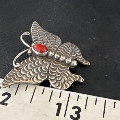 Navajo Butterfly Red Coral Pin Pendant | Sterling Silver | 1.25" | Authentic Native American Handmade | 15526