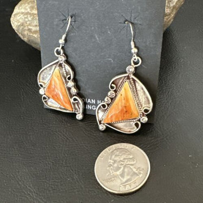 Navajo Orange Spiny Oyster Dangle Earrings | Sterling Silver | Authentic Native American Handmade | 17271