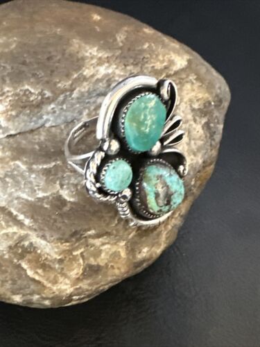Navajo Blue Turquoise Cluster Ring | Authentic Native American Sterling Silver | Multi-Stone | Sz 9 | 14839