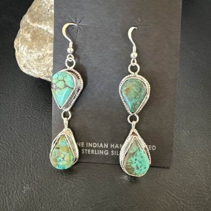 Navajo Green Royston Turquoise Dangle Earrings | Sterling Silver | Authentic Native American Handmade | 16495