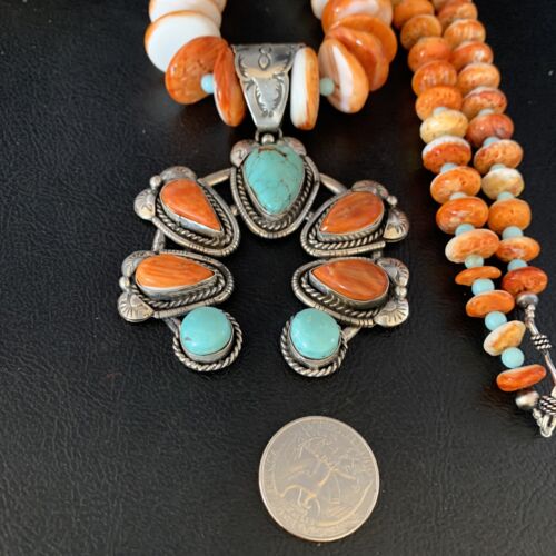 Orange Spiny Turquoise Naja Navajo Pendant Necklace | Sterling Silver | 30" | Authentic Native American Handmade | 14007