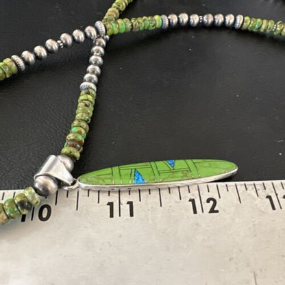 Navajo Green Gaspeite & Turquoise Inlay Pendant Necklace | Sterling Silver | 22" | Authentic Native American Handmade | 16765