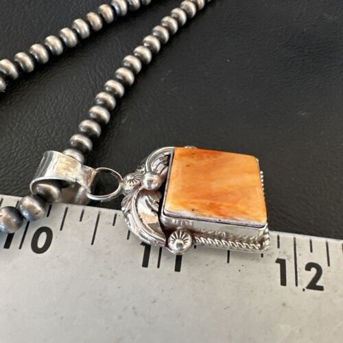 Navajo Orange Spiny Oyster Pendant Necklace | Sterling Silver | 20" | Authentic Native American Handmade | 16141
