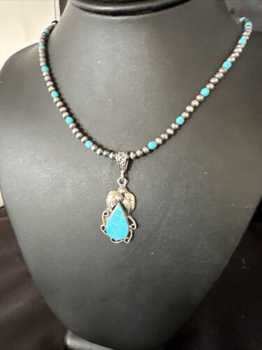 Navajo Pearls Kingman Turquoise Pendant Necklace | Sterling Silver | Authentic Native American Handmade | 14893