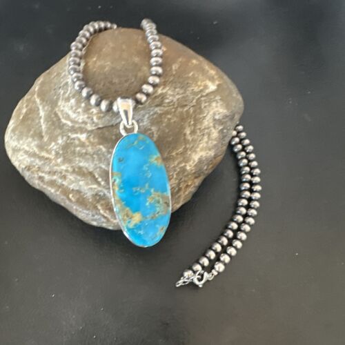 Navajo Blue Kingman Turquoise Pendant Necklace | Sterling Silver Pearls | 20" | 16685
