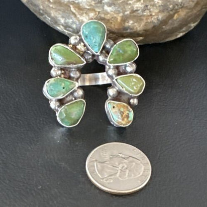 Navajo Green Turquoise Multi-Stone Cluster Ring | Authentic Native American Sterling Silver | Sz 11 | 15659