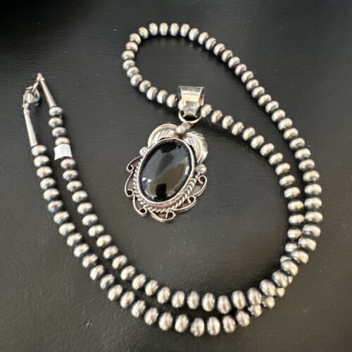 Native American Men's Pendant | Navajo Pearls | Sterling Silver Black Onyx Necklace | 16128