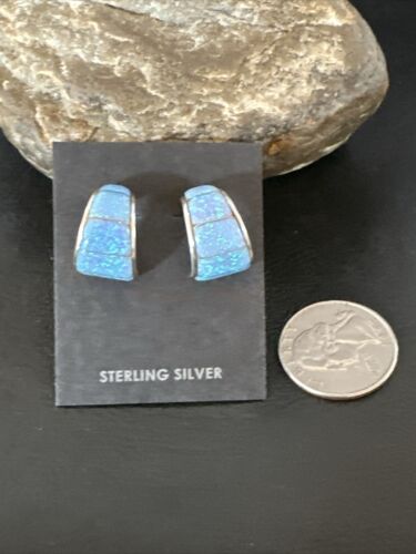 Navajo Blue Opal Inlay Post Earrings | Sterling Silver | Authentic Native American Handmade | 16949