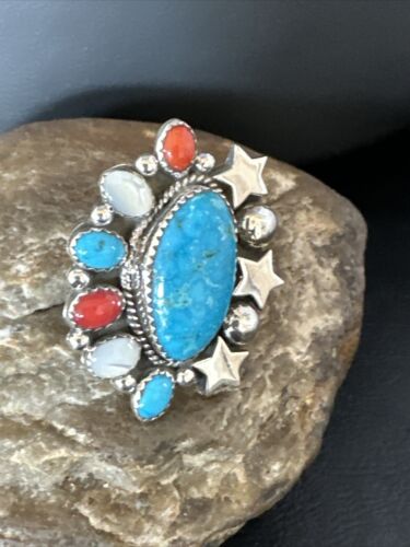 Navajo Coral Mother of Pearl Turquoise Multi-Stone Adjustable Ring | Authentic Native American Sterling Silver | Multi-Stone | 15331