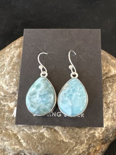Navajo Blue Larimar Dangle Earrings | Sterling Silver | Authentic Native American Handmade | 17291
