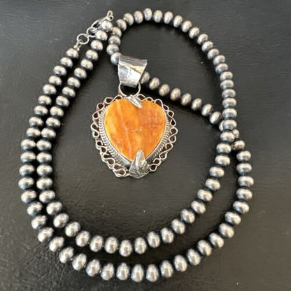 Navajo Orange Spiny Oyster Heart Pendant Necklace | Sterling Silver | Authentic Native American Handmade | 16295