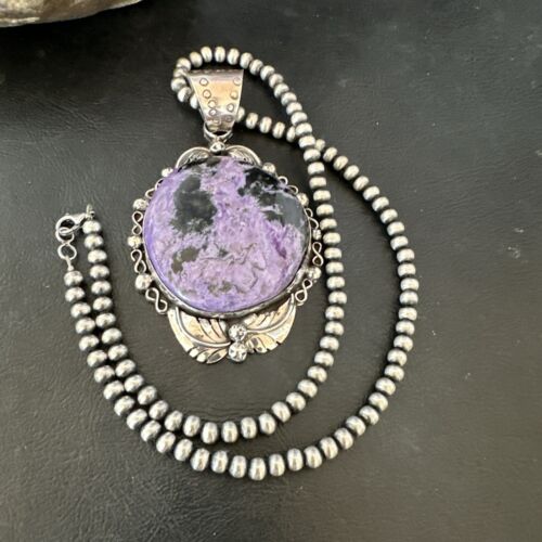 Navajo Purple Charoite Pendant with Pearls | Sterling Silver Necklace | Authentic Native American Handmade | 17154