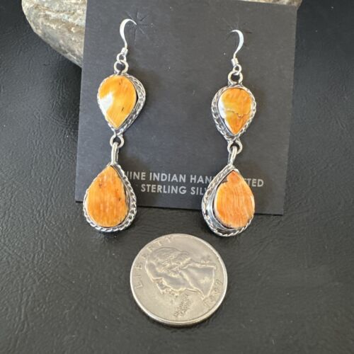 Navajo Orange Spiny Oyster Dangle Earrings | Sterling Silver | 1.5" | Authentic Native American Handmade | 16562