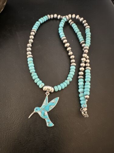 Navajo Turquoise Opal Hummingbird Inlay Pendant | Sterling Silver Necklace | Authentic Native American Handmade | 16844