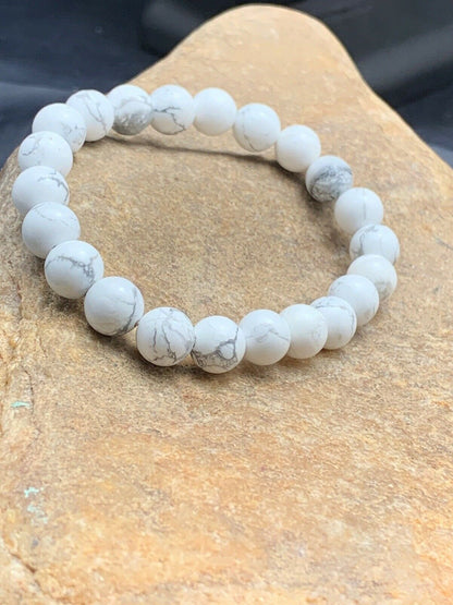White Howlite Bead Mala Bracelet | 8mm | Stretchable | Authentic Native American Handmade | 4603