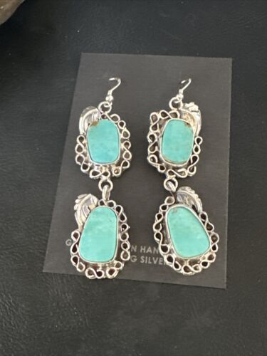 Navajo Blue Kingman Turquoise Dangle Earrings | Sterling Silver | Authentic Native American Handmade | 15188
