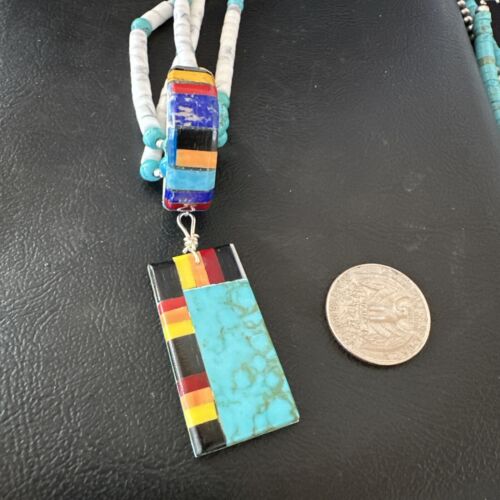 Santo Domingo Multi-Color Turquoise Necklace with Inlay Pendant | Sterling Silver | 24" | 16857 - Masha USA