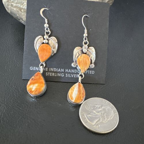 Navajo Orange Spiny Oyster Dangle Earrings | Sterling Silver | 1.5" | Authentic Native American Handmade | 16569