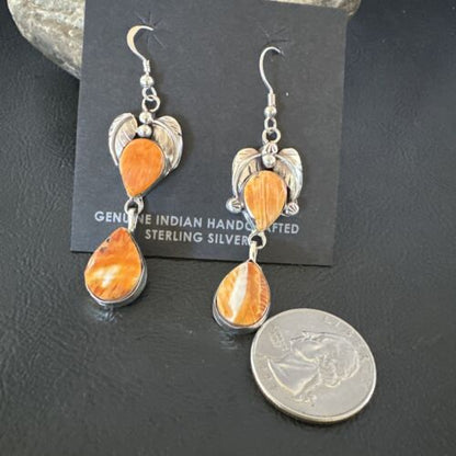 Navajo Orange Spiny Oyster Dangle Earrings | Sterling Silver | 1.5" | Authentic Native American Handmade | 16569