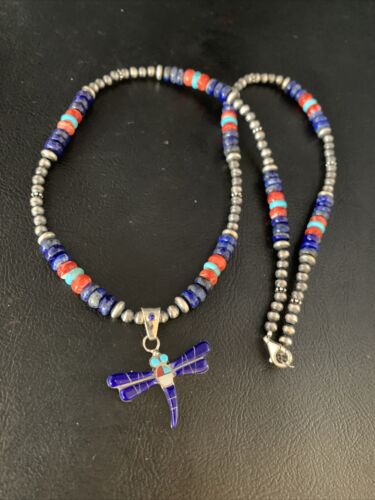 Blue Turquoise & Lapis Dragonfly Pendant Necklace | Navajo Sterling Silver | Authentic Native American Handmade | 13537